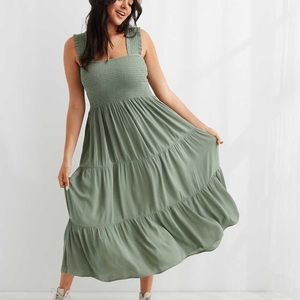 NWT Aerie Smocked Midi Tiered Dress Army Green